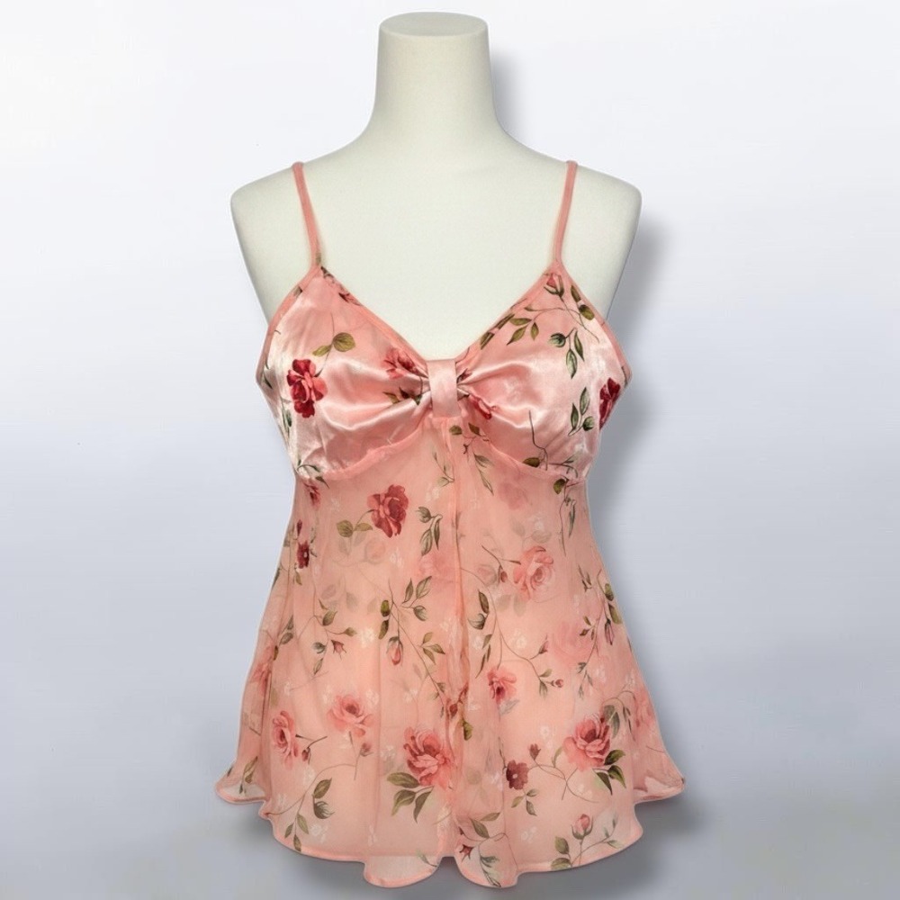 Fairy Grunge Y2K Coquette Floral Satin Chiffon Sheer Open Babydoll Cami Top L